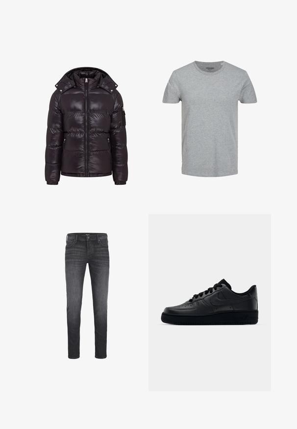 Doudoune noire avec une finition brillante, fermeture éclair à l'avant, col montant et poches latérales zippées. Dispose d'une capuche amovible et de poignets côtelés.; T-shirt gris à manches courtes en coton doux. Doté d'un col ras du cou classique et d'une coupe régulière. Design simple sans motifs ni accents.; Jean noir pour homme à coupe slim. Fabriqué en denim à la texture lisse, comportant cinq poches, une fermeture à bouton et un léger délavage.; Baskets Nike Air Force 1 noires avec un dessus en cuir lisse, bout perforé pour la respirabilité, lacets noirs et semelle en caoutchouc texturé.
