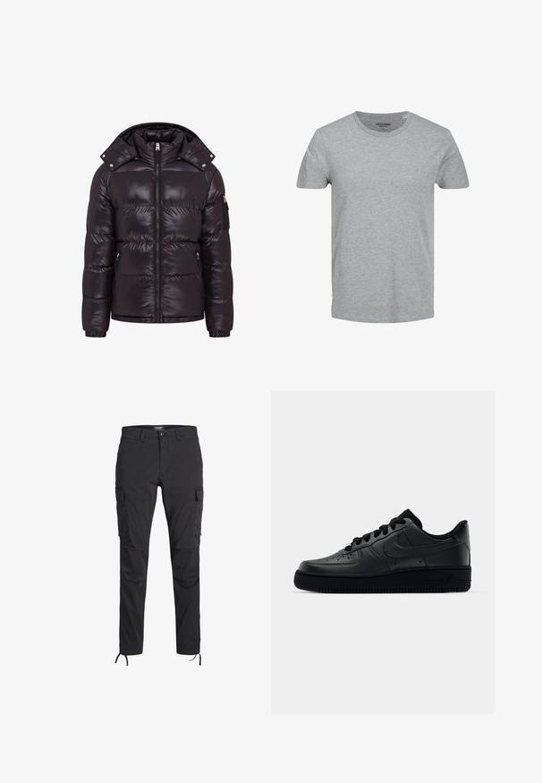 Doudoune noire avec une finition brillante, fermeture éclair à l'avant, col montant et poches latérales zippées. Dispose d'une capuche amovible et de poignets côtelés.; T-shirt gris à manches courtes en coton doux. Doté d'un col ras du cou classique et d'une coupe régulière. Design simple sans motifs ni accents.; Pantalons cargo noirs en tissu léger, dotés de plusieurs poches latérales et de hem ajustables avec cordon pour un ajustement sur mesure.; Baskets Nike Air Force 1 noires avec un dessus en cuir lisse, bout perforé pour la respirabilité, lacets noirs et semelle en caoutchouc texturé.