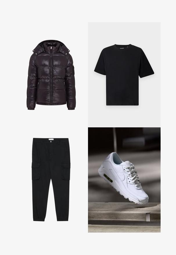 Doudoune noire avec une finition brillante, fermeture éclair à l'avant, col montant et poches latérales zippées. Dispose d'une capuche amovible et de poignets côtelés.; T-shirt noir à manches courtes et col ras du cou avec une coupe décontractée, présenté sur un fond blanc.; Pantalons cargo noirs avec des jambes droites, des poignets élastiques et plusieurs poches latérales. Fabriqués en tissu texturé avec une fermeture à bouton.; Baskets blanches en cuir avec des surfaces texturées, un col rembourré et un amorti d'air visible dans la semelle. Elles possèdent des lacets et un design minimaliste.