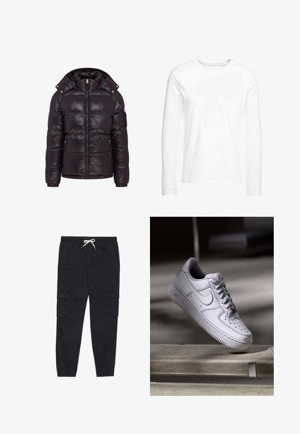 Doudoune noire avec une finition brillante, fermeture éclair à l'avant, col montant et poches latérales zippées. Dispose d'une capuche amovible et de poignets côtelés.; T-shirt blanc à manches longues en coton doux. Encolure ronde avec des ourlets droits et sans motifs ni graphiques visibles.; Pantalons cargo noirs en coton, avec une taille élastique et un cordon de serrage, des poches latérales et des poignets fuselés.; La basket Nike Air Force 1 en cuir blanc présente un embout perforé, des lacets plats et une semelle en caoutchouc texturée avec le logo « AIR » sur le côté.