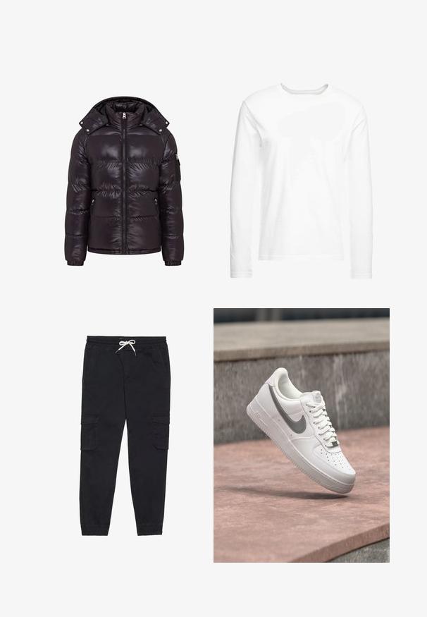 Doudoune noire avec une finition brillante, fermeture éclair à l'avant, col montant et poches latérales zippées. Dispose d'une capuche amovible et de poignets côtelés.; T-shirt blanc à manches longues en coton doux. Encolure ronde avec des ourlets droits et sans motifs ni graphiques visibles.; Pantalons cargo noirs en coton, avec une taille élastique et un cordon de serrage, des poches latérales et des poignets fuselés.; Baskets blanches Nike Air Force 1 avec logo swoosh gris flottant au-dessus d'une surface en pierre et un mur en pierre gris en arrière-plan.