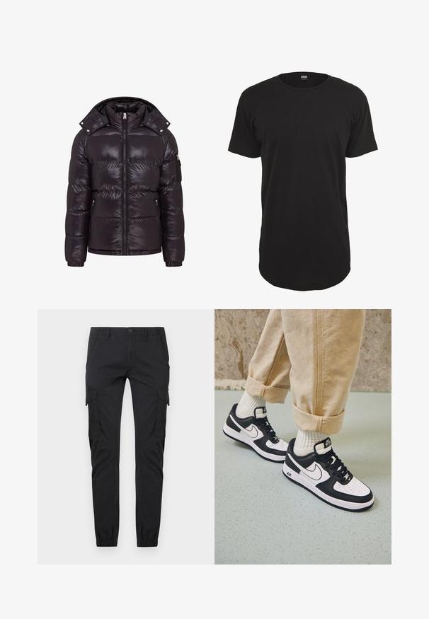 Doudoune noire avec une finition brillante, fermeture éclair à l'avant, col montant et poches latérales zippées. Dispose d'une capuche amovible et de poignets côtelés.; T-shirt noir à manches courtes en coton. Présente un col rond et une coupe droite avec un ourlet arrière légèrement plus long. Texture douce.; Pantalon cargo noir à coupe slim avec poches avant, poches à rabat latérales, passants de ceinture, fermeture par boutons et poignets élastiqués aux chevilles.; Baskets Nike Air Force 1 en noir et blanc avec un dessus en cuir, orteil perforé et détail de semelle texturée, portées avec un pantalon beige retroussé et des chaussettes blanches.