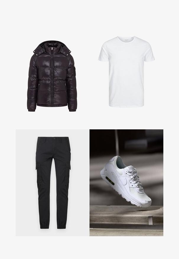Sort pufferjakke med en glat finish, lynlås foran, høj krave og lynlåslommer på siden. Den har en aftagelig hætte og ribbede manchetter.; Rundhals kortærmet t-shirt i ensfarvet hvid, lavet af blød bomuld, har et simpelt design uden synlige mønstre eller detaljer.; Sorte cargo-bukser med slank pasform, forlommer foran, sidelommer med klap, bæltestropper, knaplukning og elastiske manchetter ved anklerne.; Hvide Nike Air Max 90 sneakers med en overdel i mesh og læder, perforeret tåboks og en synlig luftenhed i hælen.