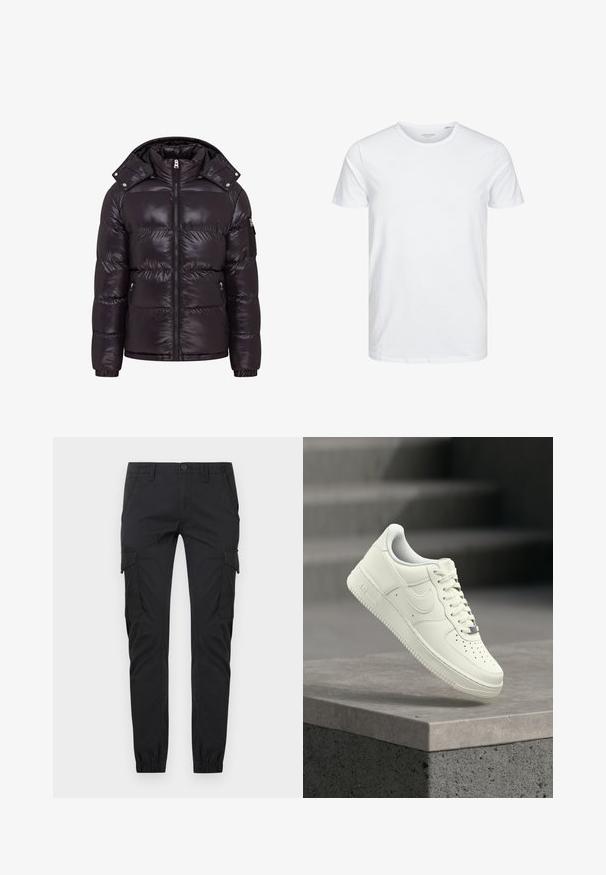 Sort pufferjakke med en glat finish, lynlås foran, høj krave og lynlåslommer på siden. Den har en aftagelig hætte og ribbede manchetter.; Rundhals kortærmet t-shirt i ensfarvet hvid, lavet af blød bomuld, har et simpelt design uden synlige mønstre eller detaljer.; Sorte cargo-bukser med slank pasform, forlommer foran, sidelommer med klap, bæltestropper, knaplukning og elastiske manchetter ved anklerne.; Hvid lædersneaker med lavprofildesign, tekstureret overflade, perforeringer på tåen og sølvfarvede detaljer på snørebånd og mærkning.