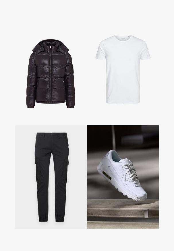 Chaqueta de plumas negra con un acabado brillante, cierre central con cremallera, cuello alto y bolsillos laterales con cremallera. Incluye una capucha desmontable y puños acanalados.; Camiseta de manga corta y cuello redondo en blanco sólido, fabricada en algodón suave, presenta un diseño simple sin patrones ni acentos visibles.; Pantalones cargo negros de corte slim con bolsillos frontales, bolsillos con solapa lateral, presillas para cinturón, cierre de botón y puños elásticos en los tobillos.; Zapatilla blanca de piel con superficies texturizadas, cuello acolchado y amortiguación de aire visible en la suela. Presenta cordones y un diseño minimalista.