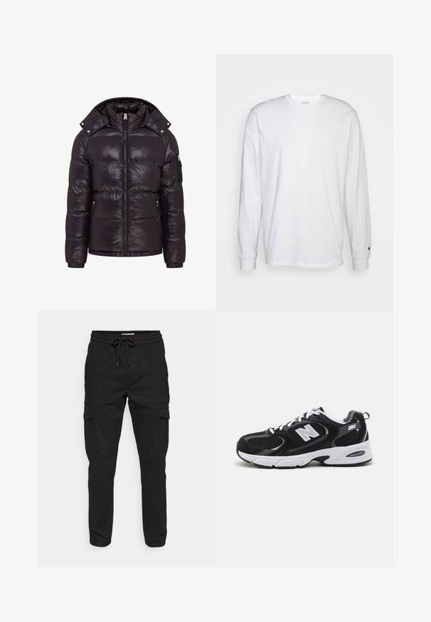 Doudoune noire avec une finition brillante, fermeture éclair à l'avant, col montant et poches latérales zippées. Dispose d'une capuche amovible et de poignets côtelés.; T-shirt blanc à manches longues en coton. Design à col rond avec des poignets côtelés et un petit logo sur la manche gauche. Texture lisse.; Pantalons cargo noirs avec une taille élastique et cordon de serrage, poches latérales et une coupe fuselée. Fabriqués en tissu résistant.; Baskets de sport noires et grises avec un tige en mesh et en suède, présentant une semelle intermédiaire blanche, des lacets et un logo "N" audacieux sur le côté.