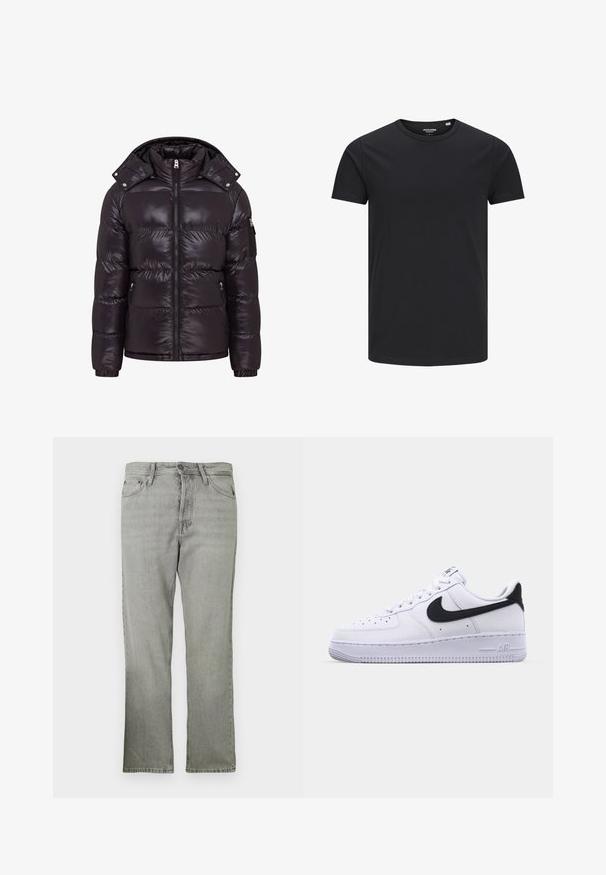 Doudoune noire avec une finition brillante, fermeture éclair à l'avant, col montant et poches latérales zippées. Dispose d'une capuche amovible et de poignets côtelés.; T-shirt en coton noir avec un col rond, des manches courtes et un design simple. Texture lisse, sans motifs ni éléments visibles.; Jean en denim gris clair avec une coupe droite, présentant un style à cinq poches, une fermeture éclair devant et une texture légèrement décolorée.; Sneaker en cuir blanc avec un Swoosh noir texturé, des lacets plats et une semelle en caoutchouc avec un motif strié. "AIR" est embossé sur le talon.