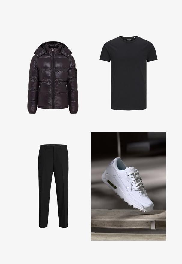 Doudoune noire avec une finition brillante, fermeture éclair à l'avant, col montant et poches latérales zippées. Dispose d'une capuche amovible et de poignets côtelés.; T-shirt en coton noir avec un col rond, des manches courtes et un design simple. Texture lisse, sans motifs ni éléments visibles.; Pantalons noirs en tissu lisse, présentant une coupe droite, des passants de ceinture et un devant plat sans motifs ni embellissements visibles.; Baskets blanches en cuir avec des surfaces texturées, un col rembourré et un amorti d'air visible dans la semelle. Elles possèdent des lacets et un design minimaliste.