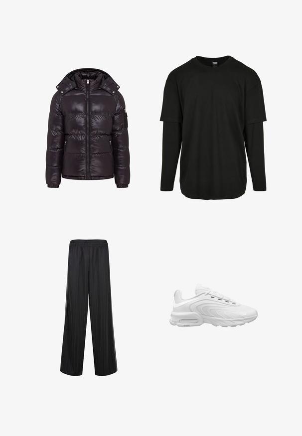 Chaqueta de plumas negra con un acabado brillante, cierre central con cremallera, cuello alto y bolsillos laterales con cremallera. Incluye una capucha desmontable y puños acanalados.; Urban Classics OVERSIZED SHAPED DOUBLE LAYER LS TEE - Camiseta de manga larga - black/black; Pantalones negros de pierna ancha con cintura elástica y sutiles rayas verticales, diseñados para uso casual o deportivo.; Zapatilla deportiva blanca con parte superior texturizada, suela visible con amortiguación de aire y diseño con cordones, mostrada de lado sobre fondo blanco.