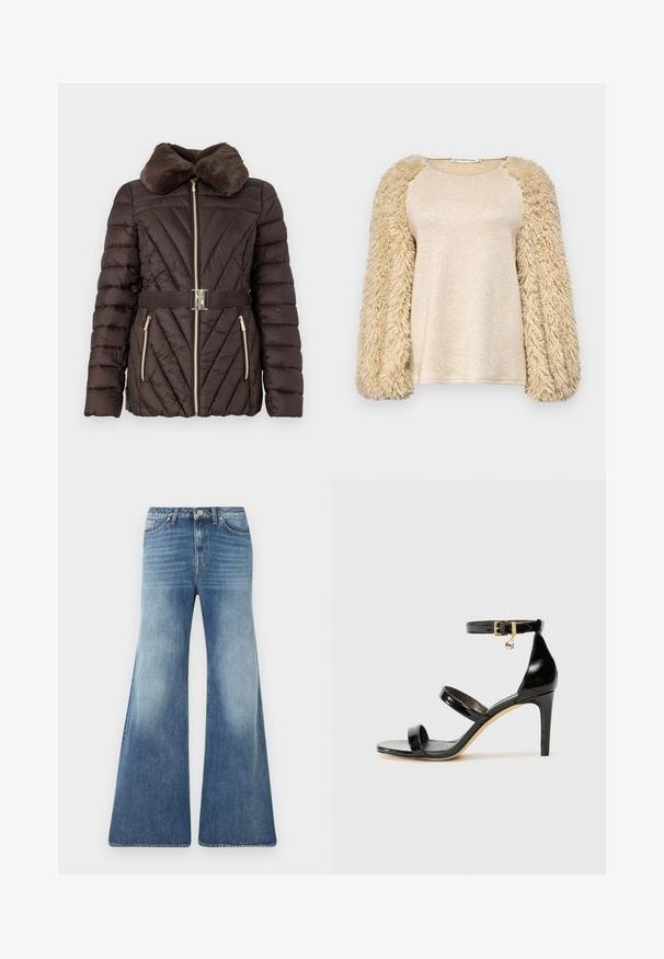 Veste en duvet marron avec un col en fausse fourrure, motif matelassé diagonal, zip doré et ceinture assortie avec une boucle en argent.; Haut beige avec de longues manches duveteuses ; matière du corps lisse et scintillante ; design de manches raglan ; texture douce ; coupe décontractée ; style minimaliste.; Jean bleu taille haute à jambes larges avec devant délavé, design à cinq poches, passants pour ceinture et fermeture à bouton sur fond blanc.; Sandale en cuir verni noir avec trois brides, boucle de cheville et talon aiguille de 10 cm. Présente un détail en métal doré et un charm logo.