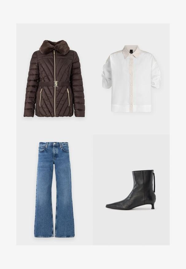 Veste en duvet marron avec un col en fausse fourrure, motif matelassé diagonal, zip doré et ceinture assortie avec une boucle en argent.; Chemise blanche à manches longues avec col beige et patte de boutonnage, manches légèrement retroussées, fond uni.; Jeans bleus à jambes larges en denim avec un délavage, poches avant, fermeture à boutons et ourlets effilochés aux jambes.; Bottine en cuir noir à bout pointu, forme structurée et petit talon. Dispose d'une fermeture éclair latérale et d'un design minimaliste.
