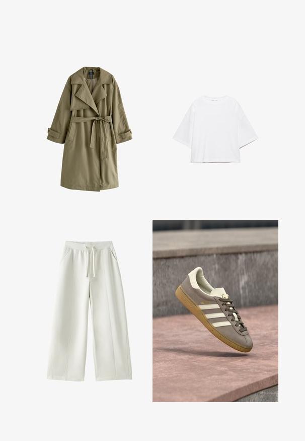 Manteau trench vert olive avec un design à double boutonnage, un large col, des manches longues, une ceinture à nouer à la taille et deux poches latérales.; T-shirt blanc à manches courtes, coupe carrée, en coton doux. Présente un col rond et des manches larges, avec un design épuré et simple.; Pantalon blanc à jambes larges avec taille élastique, cordon de serrage à l'avant, poches latérales, et détails de coutures visibles sur un fond uni.; Baskets Adidas en suède marron clair avec des rayures blanches et une semelle gomme, suspendues au-dessus de marches en pierre rose en plein air.