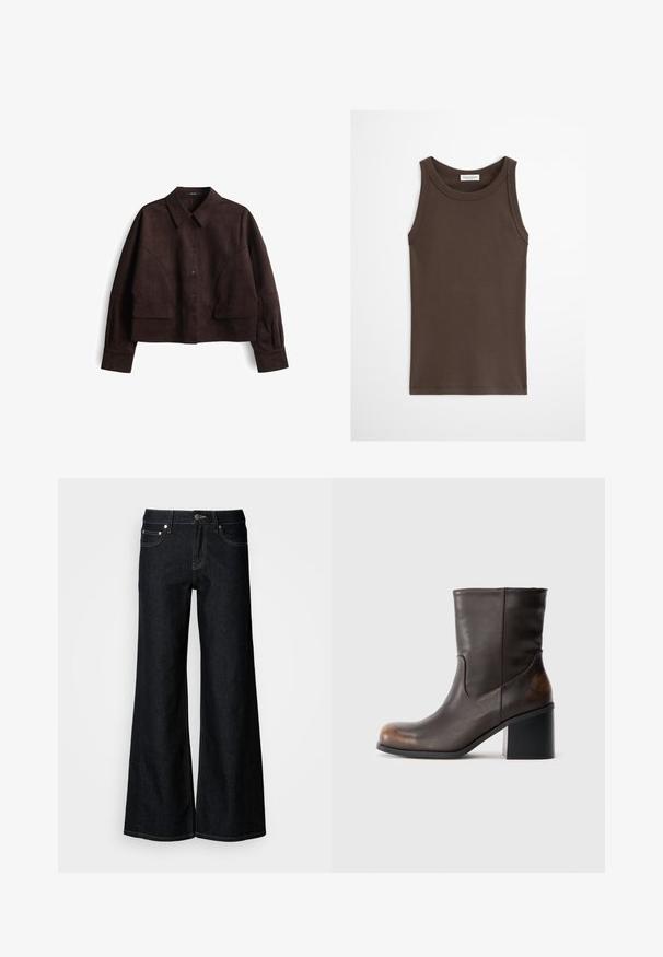 Bruine suède cropped jack met een knoopsluiting aan de voorkant, een opstaand kraag, lange mouwen en grote opgestikte zakken aan de voorkant. Zachte textuur en minimalistisch ontwerp.; Donkerbruin, nauwsluitend tanktop zonder mouwen met ronde hals, afgebeeld tegen een effen lichte achtergrond.; Donkere denim jeans met wijde pijpen, een hoge taille, een ontwerp met vijf zakken en contrasterende gele stiksels langs de naden.; Donkerbruine leren laars tot halverwege het kuit met een ronde neus en blokhak, met subtiele slijtageplekken op de neus en hak.