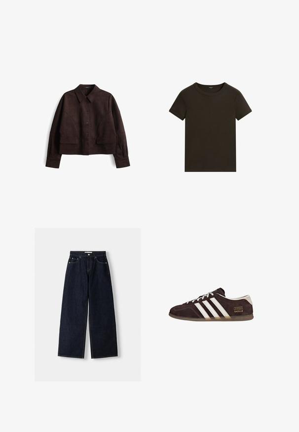 Bruine suède cropped jack met een knoopsluiting aan de voorkant, een opstaand kraag, lange mouwen en grote opgestikte zakken aan de voorkant. Zachte textuur en minimalistisch ontwerp.; Donkerbruine t-shirt met korte mouwen en een ronde hals, met opgevouwen mouwranden, plat weergegeven op een witte achtergrond.; Donkerblauwe denim wijduitlopende jeans met een hoge taille, vijf zakken, contrasterende stiksels en zilveren metalen hardware. Gladde textuur en een nette afwerking.; Bruine suède sneakers met drie witte strepen, rubberen zool en een tekstlabel met de tekst "Gazelle" in goud. Vetersluiting met grijze veters.