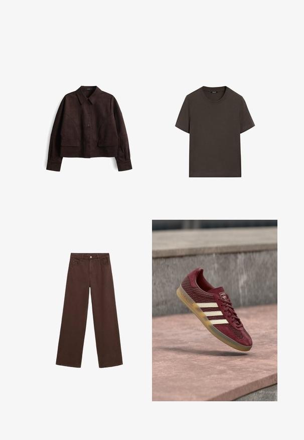 Bruine suède cropped jack met een knoopsluiting aan de voorkant, een opstaand kraag, lange mouwen en grote opgestikte zakken aan de voorkant. Zachte textuur en minimalistisch ontwerp.; Donkerbruin T-shirt met korte mouwen, gemaakt van katoen. Heeft een ronde halslijn en een ontspannen pasvorm, zonder zichtbare patronen of accenten.; Bruine wijde-denim broek met een knoopsluiting, riemlussen en voorzakken. Vlotte textuur met een egale kleur.; Maroon sneaker met mesh- en suède materialen. Heeft drie witte strepen, een ronde neus en een gumzool. Achterzijde heeft een logodetail.
