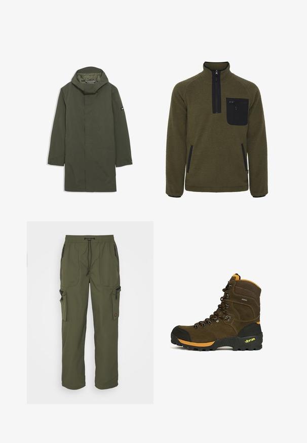 Imperméable vert olive avec un col haut et une capuche ajustable. Doté de manches longues, d'une fermeture éclair invisible sur le devant et de poches latérales. Tissu lisse et léger.; Pull-over en polaire vert olive avec un col haut, poche poitrine zippée noire, poches latérales et tissu texturé pour la chaleur.; Pantalons cargo vert olive en tissu léger, avec une taille élastique, un système de fermeture à cordon, et plusieurs poches zippées.; Botte de randonnée montante marron avec bout renforcé noir, accents orange, semelle Vibram robuste, et lacets noirs et orange.