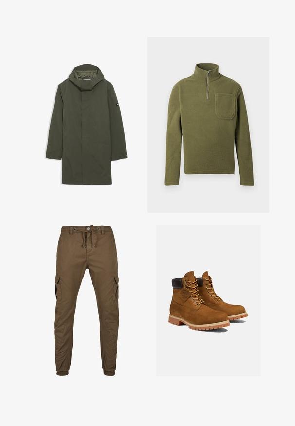 Imperméable vert olive avec un col haut et une capuche ajustable. Doté de manches longues, d'une fermeture éclair invisible sur le devant et de poches latérales. Tissu lisse et léger.; Pull en polaire vert olive avec un col zippé à mi-hauteur, des manches longues et une poche sur la poitrine. Texture douce avec un design durable.; Pantalons cargo en vert olive, fabriqués à partir d'un tissu robuste. Les caractéristiques incluent une taille avec cordon de serrage, des poches latérales et des poignets élastiques aux chevilles.; Bottines en daim marron avec un col rembourré noir, œillets dorés et semelle en caoutchouc épais avec un motif à crampons pour l'adhérence.