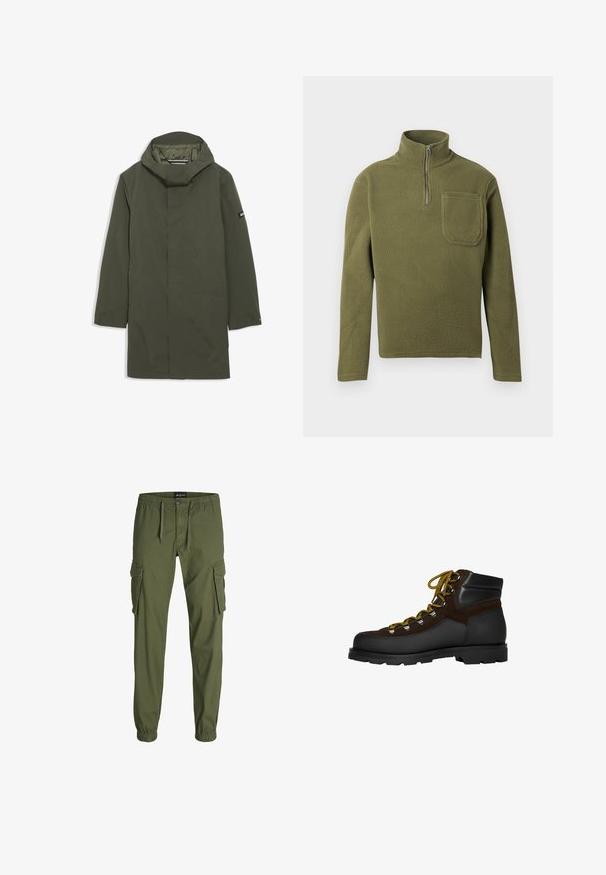 Imperméable vert olive avec un col haut et une capuche ajustable. Doté de manches longues, d'une fermeture éclair invisible sur le devant et de poches latérales. Tissu lisse et léger.; Pull en polaire vert olive avec un col zippé à mi-hauteur, des manches longues et une poche sur la poitrine. Texture douce avec un design durable.; Pantalons cargo vert olive avec taille élastique, cordon de serrage, deux grandes poches latérales et bas fuselés. Fabriqués en tissu durable.; Botte de randonnée en daim marron et cuir noir avec lacets jaunes, œillets métalliques et semelle noire robuste. Conception mi-haute pour un maintien optimal.