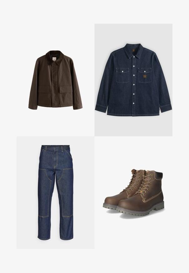 Veste en toile marron avec un col en velours côtelé, comportant deux poches à l'avant et une coupe droite. Design uni, détails de couture minimalistes.; Chemise en jean bleu foncé à manches longues avec fermeture boutonnée au devant, deux poches poitrine avec rabats boutonnés, et coutures blanches visibles.; Jeans en denim bleu foncé avec une taille haute, une coupe droite, des coutures contrastantes et des poches appliquées à l'avant.; Bottines en cuir marron avec lacets, col rembourré, coutures contrastantes et semelle en caoutchouc robuste avec motifs de traction.