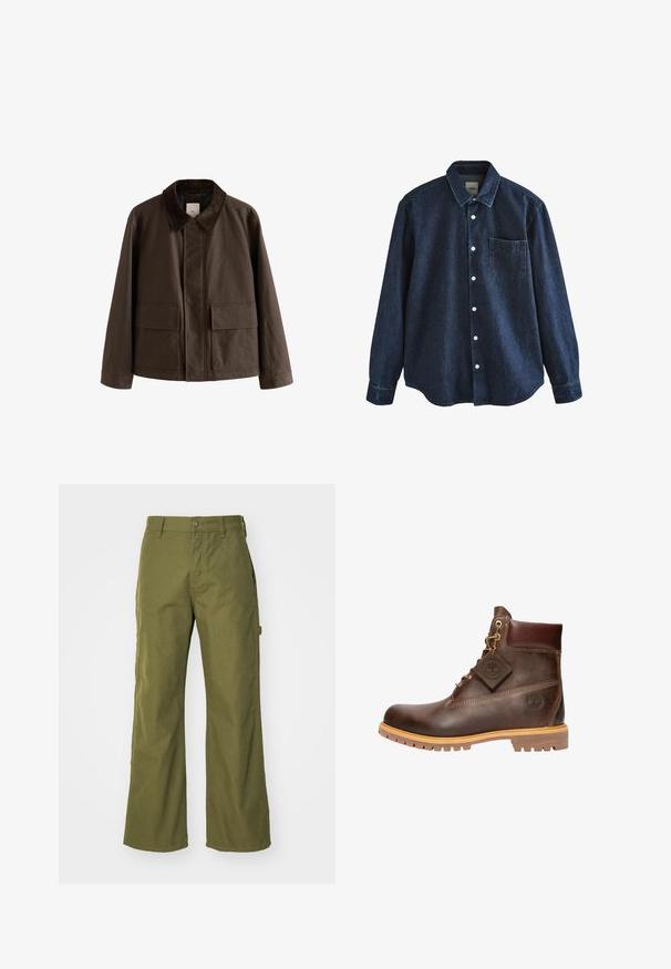 Veste en toile marron avec un col en velours côtelé, comportant deux poches à l'avant et une coupe droite. Design uni, détails de couture minimalistes.; Chemise en jean bleu foncé à manches longues avec boutons, col et une poche poitrine unique, présentée sur fond blanc.; Pantalons larges vert olive en tissu durable, dotés d'une fermeture à bouton, de poches latérales et d'un design à ourlet droit.; Bottine en cuir marron avec un bout rond, une semelle robuste, des éléments en doré et un dessus texturé. Comprend une étiquette de logo attachée.