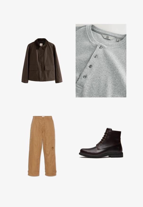 Veste en toile marron avec un col en velours côtelé, comportant deux poches à l'avant et une coupe droite. Design uni, détails de couture minimalistes.; Chemise en tricot gris à manches longues avec col rond, patte de boutonnage à cinq boutons, texture côtelée et design ajusté. L'étiquette indique la taille M.; Pantalons de travail khaki, fabriqués en tissu durable, dotés de plusieurs poches, d'une fermeture à bouton et d'un logo brodé sur la cuisse.; Bottine en cuir marron foncé à lacets avec semelle en caoutchouc et logo embossé subtil près du talon, vue de côté extérieur.