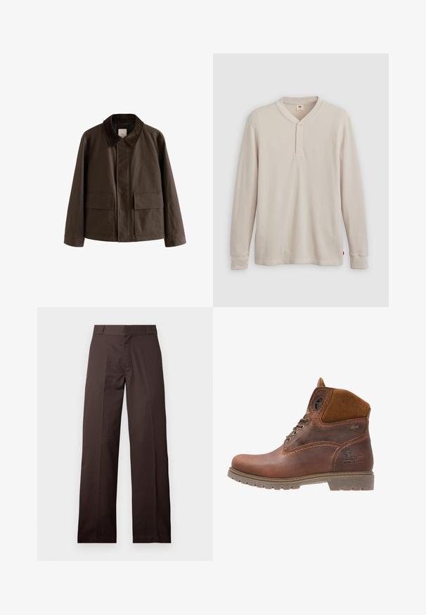 Veste en toile marron avec un col en velours côtelé, comportant deux poches à l'avant et une coupe droite. Design uni, détails de couture minimalistes.; T-shirt henley à manches longues en tissu côtelé beige clair, avec un col en V, une patte de boutonnage à trois boutons et des manches à poignets. Étiquette logo rouge à l'ourlet.; Pantalon marron droit avec passants de ceinture et fermeture éclair à l'avant, présenté sur un fond clair uni.; Bottines en cuir marron avec des accents en daim, bout rond, fermeture à lacets, semelle robuste et détail de logo embossé sur le côté.