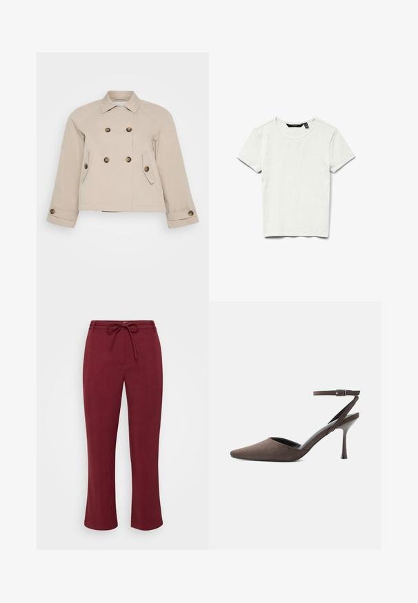 Chaqueta beige de corte cruzado con cuello, dos bolsillos frontales y botones de latón. Presenta un largo corto y una tela texturizada.; Camiseta blanca básica de algodón acanalado, de manga corta y cuello redondo, mostrada plana sobre un fondo blanco.; Pantalones burdeos fabricados con un tejido texturizado, con cinturilla con cordón y corte recto. Sin bolsillos ni herrajes visibles.; Zapato de tacón alto de ante marrón con punta afilada, correa fina en el tobillo y hebilla plateada sobre fondo blanco.