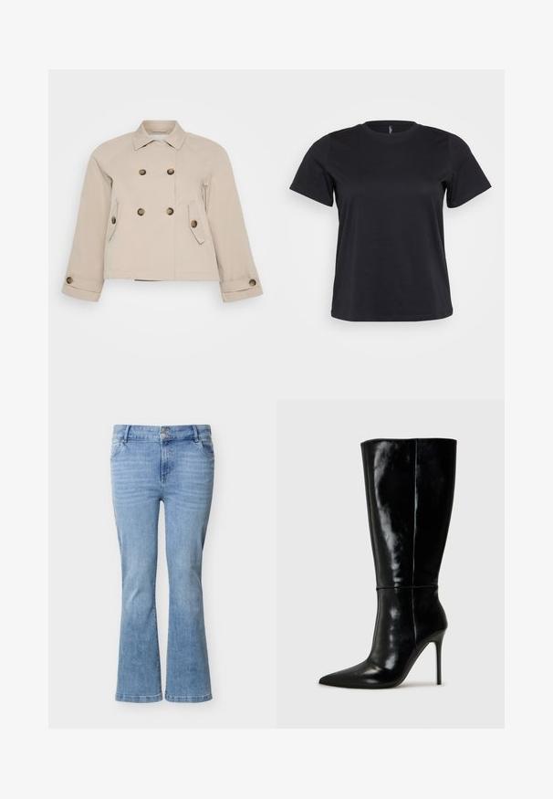 Beige dobbeltknappetjakke med krave, to forlommer og messingknapper. Har en cropped længde og tekstureret stof.; Sort bomulds-t-shirt med korte ærmer, rund halsudskæring, afslappet pasform og glat tekstur. Ingen synlige grafik eller mønstre.; Lyseblå denimjeans med vide ben, dobbelt knaplukning, forlommer og diskret falmning på lårene.; Sorte læderknælange støvler med spids tå og høj stilettohæl. Glat tekstur og slank design, med minimalt detaljer.