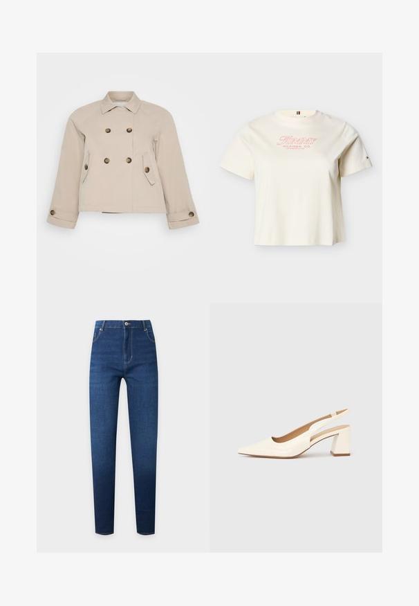 Chaqueta beige de corte cruzado con cuello, dos bolsillos frontales y botones de latón. Presenta un largo corto y una tela texturizada.; Camiseta de manga corta color crema con cuello redondo con "Tommy Hilfiger, Co. Los Angeles, CA USA" en texto rojo en la parte delantera y pequeño logo en la manga izquierda.; Vaqueros pitillo azul oscuro de talle alto con botón en el delantero, cremallera y diseño clásico de cinco bolsillos.; Zapato de salón con tira trasera en charol crema brillante, con punta afilada y tacón cuadrado grueso para mayor estabilidad. Diseño minimalista, sin adornos.