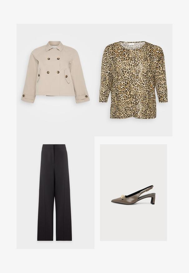 Beige dobbeltknappetjakke med krave, to forlommer og messingknapper. Har en cropped længde og tekstureret stof.; Leopardprint top med trekvartærmer, med en rund halsudskæring og en afslappet pasform, sat mod en simpel hvid baggrund.; Sorte højttaljede bukser med vid ben, forsideseams detaljer og skjult forlukning, vist på en ensfarvet lys baggrund.; Taupe lak slingback-pump med spids tå, lav blokhæl, guldfarvet spænde foran og justerbar ankelrem.