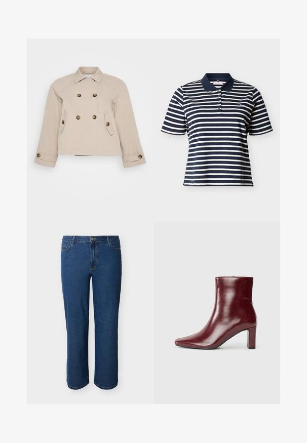 Chaqueta beige de corte cruzado con cuello, dos bolsillos frontales y botones de latón. Presenta un largo corto y una tela texturizada.; Polo de manga corta con rayas horizontales en azul marino y blanco, con cuello azul marino y cuatro botones en la tapeta.; Vaqueros azules de mezclilla con corte recto, cierre frontal de botones y cremallera, estilo de cinco bolsillos y costuras visibles sobre un fondo claro.; Botín de cuero burdeos con punta afilada y tacón grueso. Textura lisa con una silueta elegante y líneas limpias.