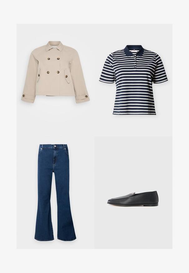 Beige dobbeltknappetjakke med krave, to forlommer og messingknapper. Har en cropped længde og tekstureret stof.; Marineblå og hvide horisontale stribede kortærmede polo med marineblå krave og fire knapper på slidserne.; Mørkeblå jeans med høj talje og vidt udstående ben, forreste knaplukning og lommer, vist mod en lys baggrund.; Sorte læderloafers med en glat tekstur, rundet tå og subtile syningsdetaljer. Har en guldfarvet logoaccent på oversiden.