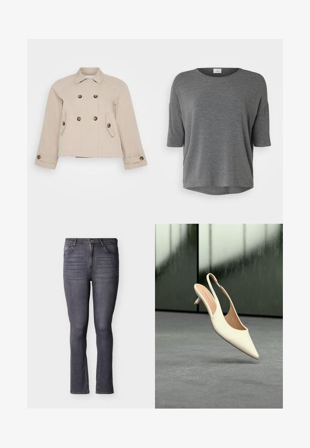 Beige dubbelzijdig jasje met een kraag, twee voorzakken en messing knopen. Kenmerkt zich door een cropped lengte en een textuurstof.; Grijs T-shirt met korte mouwen van zachte stof, met een relaxte pasvorm, ronde halslijn en gebogen zoom. Geen duidelijke patronen of accenten.; Slim-fit grijze spijkerbroek met vijf zakken, een knoop- en ritssluiting aan de voorkant, met subtiele vervaging en stikseldetails.; Beige slingback damesschoen met spits toelopende neus en lage kittenhak, zwevend boven een grijze vloer tegen een wazige donkere achtergrond.