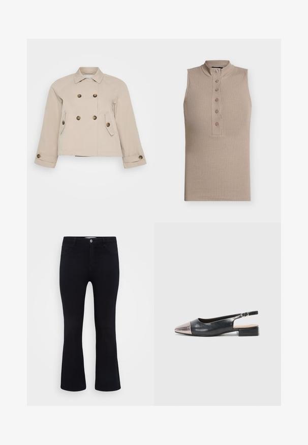 Beige dubbelzijdig jasje met een kraag, twee voorzakken en messing knopen. Kenmerkt zich door een cropped lengte en een textuurstof.; Beige mouwloos top met een hoge kraag, geribbelde structuur en een knoopsluiting met zes knopen aan de voorkant. Eenvoudig ontwerp en aansluitende pasvorm.; ONLY Carmakoma Flared fit CARTHUNDER Mid waist - Flared Jeans - black denim; Slingback schoenen met een zwarte leren bovenkant, een metallic rosegouden puntige neus en een lage blokhak. Gladde textuur met een gebogen ontwerp.