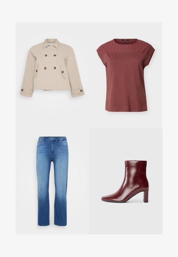 Beige dobbeltknappetjakke med krave, to forlommer og messingknapper. Har en cropped længde og tekstureret stof.; Kortærmet mauve top med broderet blomsterblonde på tværs af øverste del af brystet og skuldrene, rund halsudskæring, løs pasform.; Lysblå denimjeans med lige snit, fem-lomme design og en slidt effekt ved kanten. Knaplukning i taljen.; Bordeauxfarvet læderankelstøvle med spids tå og blokhæl. Glat tekstur med en strømlinet silhuet og rene linjer.