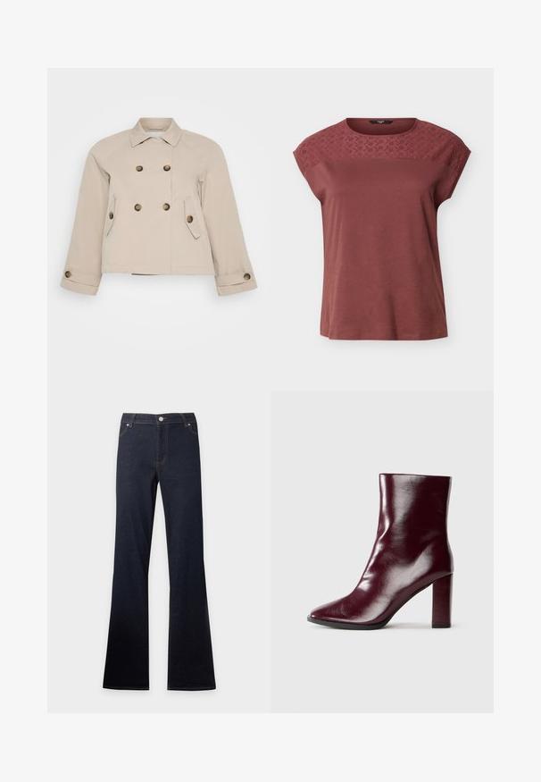 Beige dobbeltknappetjakke med krave, to forlommer og messingknapper. Har en cropped længde og tekstureret stof.; Kortærmet mauve top med broderet blomsterblonde på tværs af øverste del af brystet og skuldrene, rund halsudskæring, løs pasform.; Mørkeblå denimjeans med høj talje og udvidede ben, med frontlommer, knap og lynlåslukning.; Skinnende mørk bordeaux læderstøvle til midt på læggen med spids tå og blokeret høj hæl på neutral baggrund.