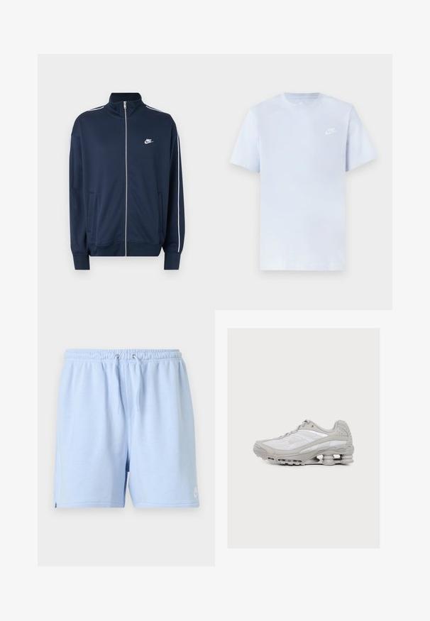 Μπλε σκούρα ζακέτα Nike με φερμουάρ και ψηλό γιακά, λευκή επένδυση στα μανίκια, δύο εμπρόσθιες τσέπες και λευκό λογότυπο Nike στο αριστερό στήθος.; Ανοιχτό μπλε βαμβακερό μπλουζάκι με κοντά μανίκια, στρογγυλή λαιμόκοψη και λευκό λογότυπο Nike εκτυπωμένο στο αριστερό στήθος. Λείο υλικό, απλός σχεδιασμός.; Ανοιχτό μπλε καθημερινό σορτς με ελαστική μέση και κορδόνι, κατασκευασμένο από απαλό ύφασμα, με μικρό λογότυπο στο κάτω αριστερό τελείωμα.; Αθλητικό παπούτσι ανοιχτό γκρι και λευκό με ορατή αμορτισέρ που μοιάζει με ελατήριο στη σόλα και επάνω μέρος από διχτυωτό ύφασμα.