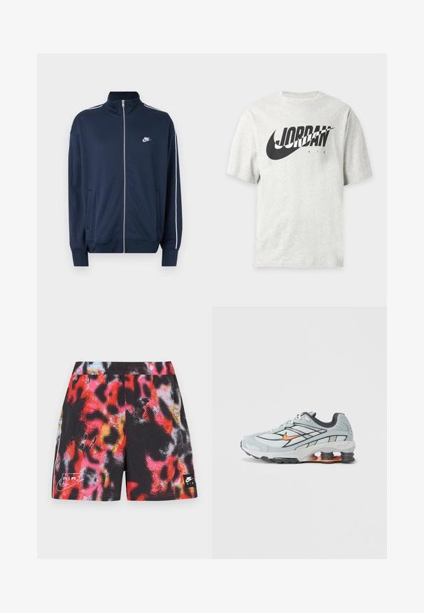 Μπλε σκούρα ζακέτα Nike με φερμουάρ και ψηλό γιακά, λευκή επένδυση στα μανίκια, δύο εμπρόσθιες τσέπες και λευκό λογότυπο Nike στο αριστερό στήθος.; Ανοιχτό γκρι κοντομάνικο μπλουζάκι με μαύρο λογότυπο Nike και κείμενο "JORDAN AIR" στο μπροστινό μέρος.; Μαύρο σορτς με πολύχρωμο αφηρημένο σχέδιο σε κόκκινο, ροζ και μπλε, με λευκό λογότυπο Nike Air και αντίθετα πλαϊνά στοιχεία.; Ανοιχτό γκρι αθλητικό παπούτσι με μαύρες λεπτομέρειες, πορτοκαλί λογότυπο, διχτυωτό επάνω μέρος, επενδεδυμένο κολάρο και λαστιχένια σόλα με ορατές μονάδες απορρόφησης κραδασμών.