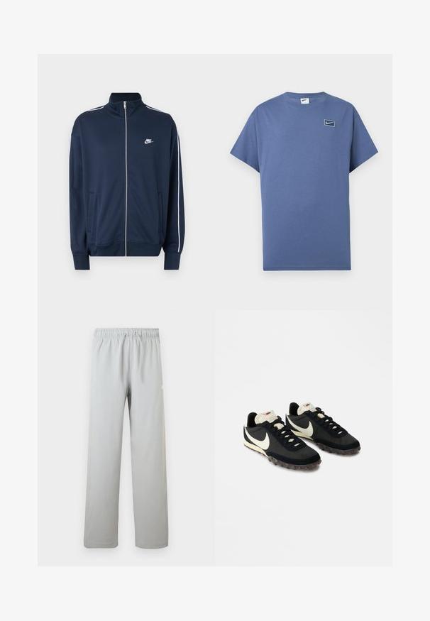 Μπλε σκούρα ζακέτα Nike με φερμουάρ και ψηλό γιακά, λευκή επένδυση στα μανίκια, δύο εμπρόσθιες τσέπες και λευκό λογότυπο Nike στο αριστερό στήθος.; Μπλε κοντομάνικη μπλούζα με στρογγυλή λαιμόκοψη και μικρό λογότυπο Nike swoosh μέσα σε στρογγυλεμένο τετράγωνο στο αριστερό στήθος.; Ανοιχτό γκρι παντελόνια casual με ελαστική μέση και κορδόνι, ίσια ποδιά, κατάλληλα για καθημερινή χρήση.; Μαύρα αθλητικά παπούτσια με υφή στο επάνω μέρος, λευκό λογότυπο swoosh και καουτσούκ σόλα με μικρά καρφιά για πρόσφυση. Κρέμα χρώματος κολάρο.