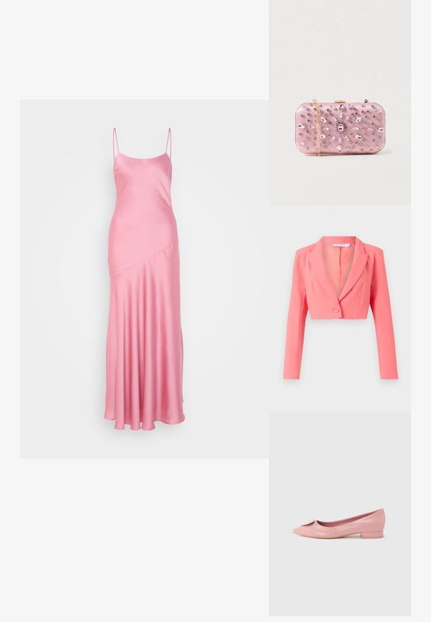 Blazer corto en coral brillante, hecho de tejido suave, que presenta solapas con muesca, cierre de un solo botón y mangas largas con costuras delanteras.; Vestido maxi de satén rosa con tirantes finos, un ligero brillo y un detalle de costura diagonal en la parte frontal, que fluye hasta un dobladillo acampanado.; Bailarina plana de charol rosa con punta puntiaguda, con un pequeño lazo en el empeine y un tacón bajo y cuadrado.; Clutch de satén rosa con adornos de joyas, forma rectangular, cadena dorada y cierre de broche, con un diseño floral en strass.