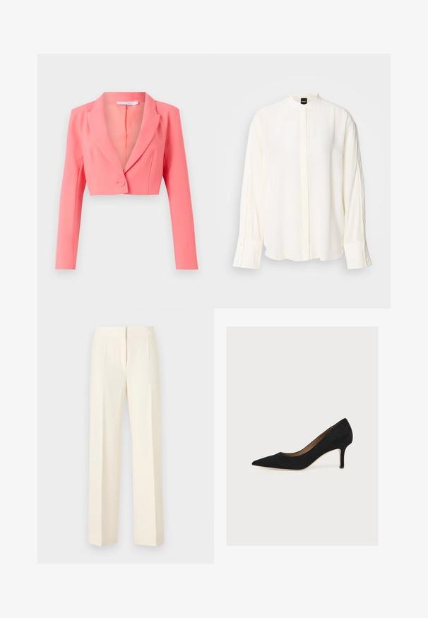 Afklippet blazer i skarp koralrød, lavet af glat stof, har en notched revers, enkelt knaplukning og lange ærmer med frontstænger.; Langærmet, cremefarvet bluse lavet af glat stof; mandarin-krave, forflap, knappede ærmekanter og en afslappet pasform.; Kremhvide skræddersyede bukser med lige ben, frontbøjle, linning og skjult lukning foran mod en ensfarvet baggrund.; Sort ruskindspumpe med spids snude, mellemhøj stiletthæl og tan indersål på en lys baggrund.