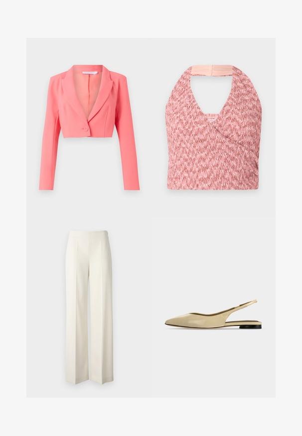 Afklippet blazer i skarp koralrød, lavet af glat stof, har en notched revers, enkelt knaplukning og lange ærmer med frontstænger.; Lys pink halterneck top lavet af tekstureret strikket stof med et omslag design, der har en blød beige kant bagpå for en sikker pasform.; Hvide brede bukser lavet af et glat stof med frontfolder. Designet med en høj talje og en ren finish.; Beige spids tå slingback flad sko med lav sort hæl og en glat læderfinish, vist fra siden på en ensfarvet baggrund.