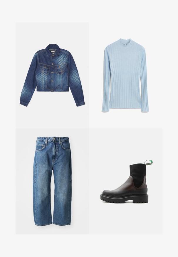 Denim-jakk, millel on lühendatud disain, klassikaline krae ja kaks rinnataskut. Heledate ja tumedate siniste rombikujuliste mustrite aktsendid.; Hele sinine ribitud kõrge kaelusega kampsun, millel on volangiga kaelus ja pikad varrukad. Valmistatud pehmest kudumifabricist, millel on vertikaalsed triibud.; Sinine denim, millel on lahtine, laia jala disain, ees taskud, nööp ja tõmblukk ning õrn fade kohtades, kus on põlved.; Mustast ja pruunist nahast pahkluu saabas elastse kangast pealiskihiga, jämeda kummist tallaga ja rohelise tõmblukuga valgel taustal.
