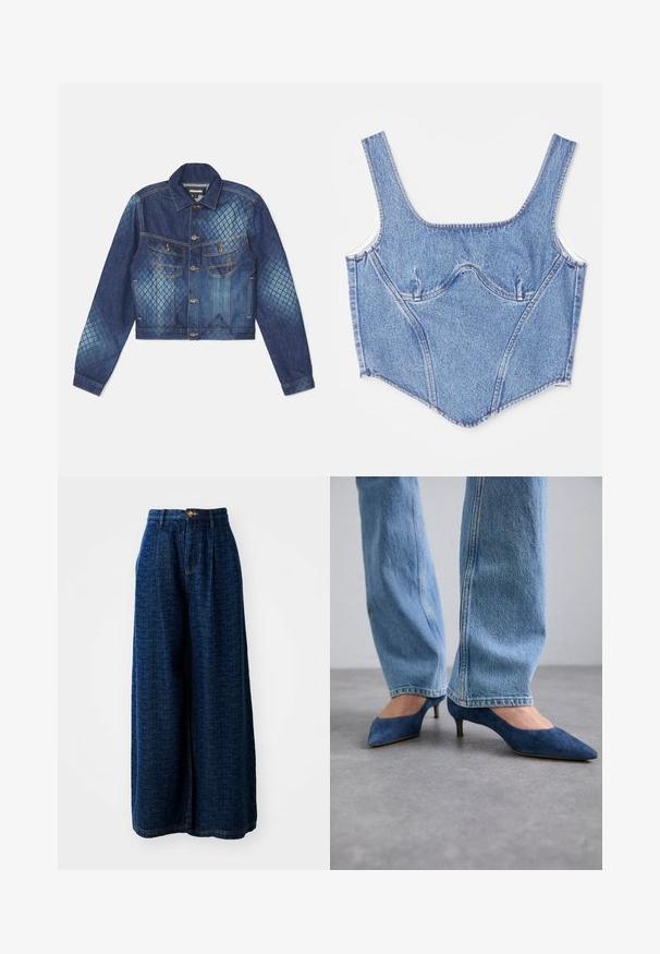 Denimjakke med en cropped design, klassisk krave og to brystlommer. Lyse og mørke blå diamantmønster accenter.; Denim corset-top med brede stropper, strukturerede sømme og en tætsiddende silhuet. Lys blå farve med subtil fading og kontrasterende sytråde.; Bredde denimbukser i mørkeblå med et tekstureret mønster. Har høj talje, knaplukning og en løs, flydende pasform.; Blå ruskinds kitten heels med spidse tæer og en lav hæl, parret med lyseblå denim jeans med lige ben.