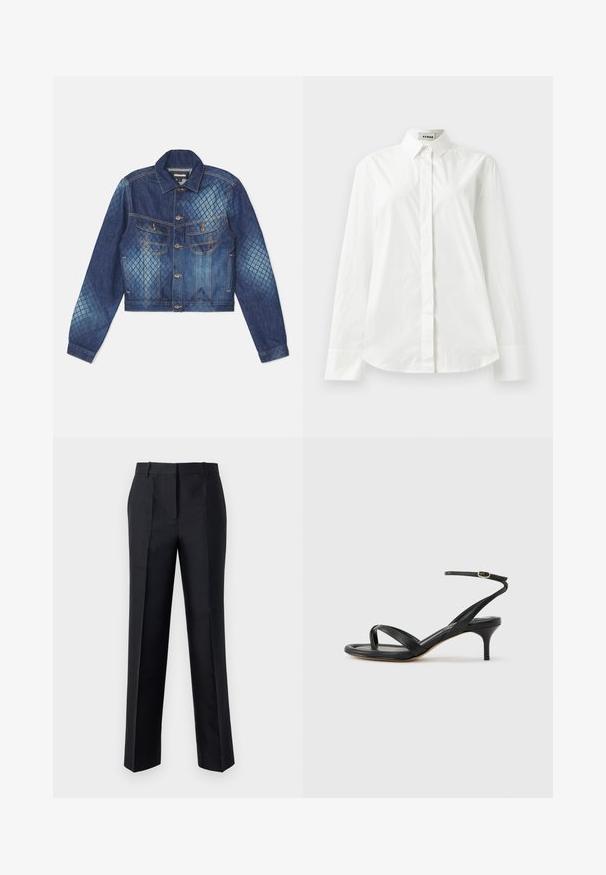 Denimjakke med en cropped design, klassisk krave og to brystlommer. Lyse og mørke blå diamantmønster accenter.; Hvid bomulds langærmet skjorte med spidse krave, knaplukning foran og rundet kant. Glat tekstur, normal pasform og ingen mønstre.; Sorte bukser med lige ben, glat tekstur og skjult lynlås. Har folder for ekstra stil og en skræddersyet udseende.; Sort damesandal i læder med tynde remme, en tå-loop, ankelspænde og en mellemhøj stiletthæl på en neutral baggrund.