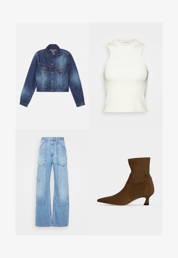 Denimjakke med en cropped design, klassisk krave og to brystlommer. Lyse og mørke blå diamantmønster accenter.; DESIGNERS REMIX MANDY TANK - Top - white; RE/DONE SUPER HIGH WORKWEAR - Jeans Straight Leg - wasted indigo; Brun ankelstøvle med spids tå og lav kitten hæl, lavet af glat materiale, vist mod en ensfarvet baggrund.