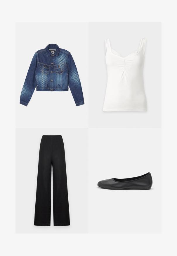 Denimjack met een cropped ontwerp, klassieke kraag en twee borstzakken. Accenten in een licht en donkerblauw ruitpatroon.; Wit mouwloos dames topje met geplooid middenvoor, kanten rand langs de V-hals en brede schouderbanden op egale achtergrond.; Zwarte wijde broek van linnen met een gladde textuur, voorzien van een hoge taille, voorplooien en zonder zichtbare hardware of accenten.; Zwarte leren ballerina met een ronde neus, gladde textuur, minimale stikdetails en een flexibele zoolontwerp.