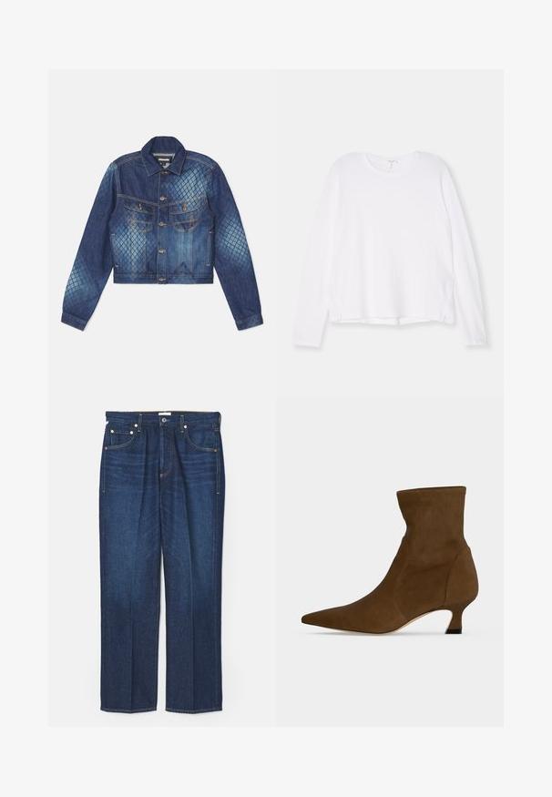 Denimjakke med en cropped design, klassisk krave og to brystlommer. Lyse og mørke blå diamantmønster accenter.; Hvid langærmet skjorte lavet af blødt stof, med rund halsudskæring, afslappet pasform og sideskæringer ved kanten for nem bevægelse.; Mørkeblå denim jeans med lige ben, der har klassisk fem-lomme design, kontrastfarvet gul syning og metalnitter.; Brun ankelstøvle med spids tå og lav kitten hæl, lavet af glat materiale, vist mod en ensfarvet baggrund.