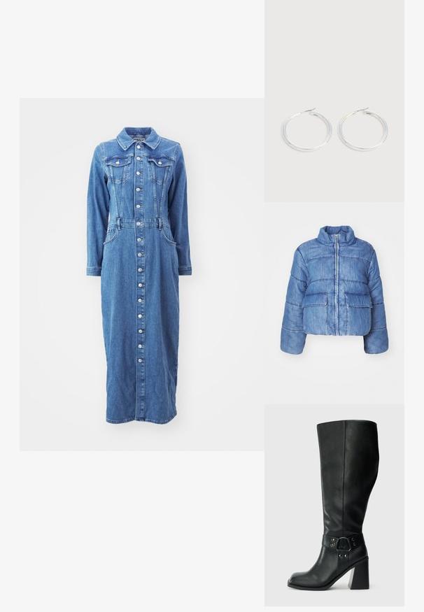 Κοντό τζην μπουφάν από denim, με ψηλό γιακά, μπροστινό φερμουάρ, δύο μεγάλες ραμμένες τσέπες και ραφές σε όλη την επιφάνεια.; Τζιν φόρεμα με κουμπιά μπροστά, μακριά μανίκια, τσέπες στο στήθος και εφαρμοστή μέση, σε μεσαία μπλε απόχρωση με ευθύ σιλουέτα.; Μαύρες δερμάτινες μπότες μέχρι το γόνατο με τετράγωνη μύτη, ευρύ τακούνι και διακοσμητικό λουράκι με μεταλλικές λεπτομέρειες γύρω από τον αστράγαλο. Λείος υφασμάτινος σχεδιασμός.; Ζεύγος λαμπερών ασημένιων κρίκων με λεπτές σύρμα σφραγίδες, παρουσιασμένα σε ανοιχτό γκρι φόντο.