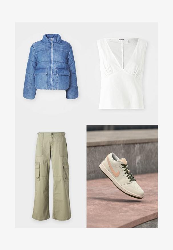 Veste rembourrée en denim bleu, raccourcie, avec un col montant, une fermeture éclair à l'avant, deux grandes poches à rabat et des coutures décoratives partout.; Haut sans manches blanc avec un décolleté en V profond, présentant des détails froncés sur les côtés, fabriqué dans un tissu texturé, et avec un ourlet droit.; Pantalons cargo kaki avec une coupe décontractée, dotés de deux poches latérales, d'une fermeture à bouton à l'avant et de jambes larges. Tissu en coton au toucher lisse.; Baskets blanches et pêche avec des lacets noirs flottant au-dessus d'une surface en béton rose et grise.